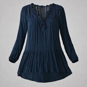 American Eagle Hunter Green Crochet Lace Peasant Blouse Boho Tassel Top Small